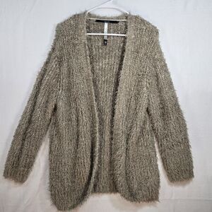 Kensie Beige Long Open Front Cardigan Eyelash Soft Fuzzy Sweater Size L Womens